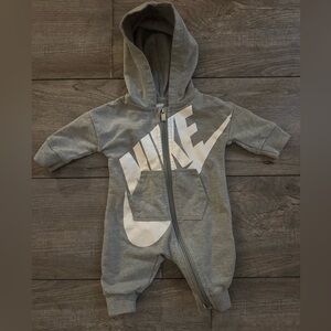 Nike Gray Hooded Baby One-Piece Romper with White Logo
